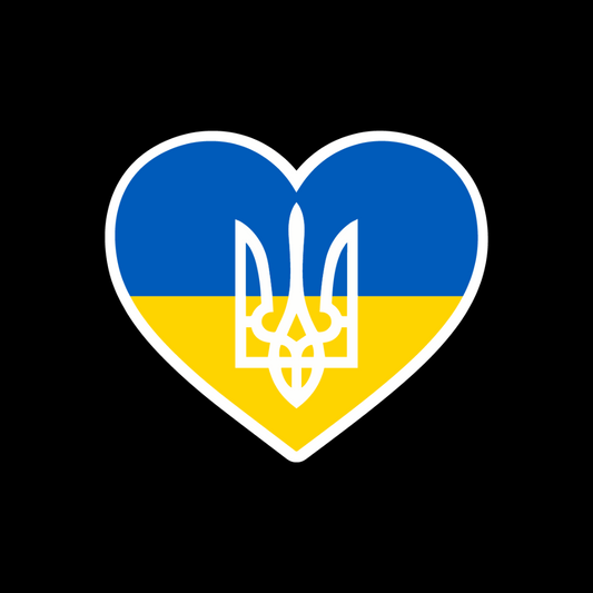 Shiny Vinyl Sticker Ukrainian Flag Heart with Ukraine Trident and White Outline
