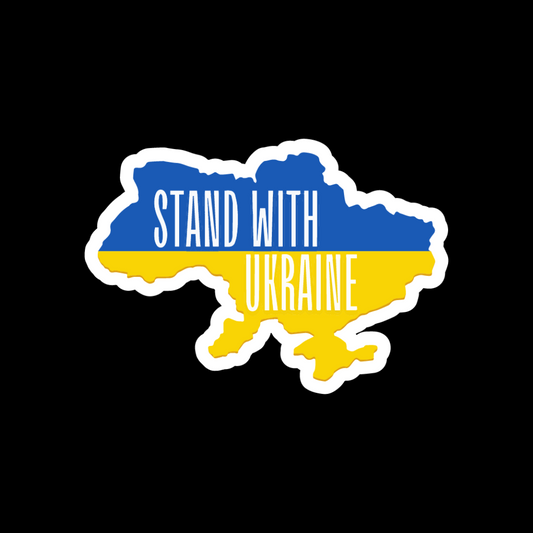 Shiny Vinyl Sticker Ukraine Outline with Flag and Stand With Ukraine